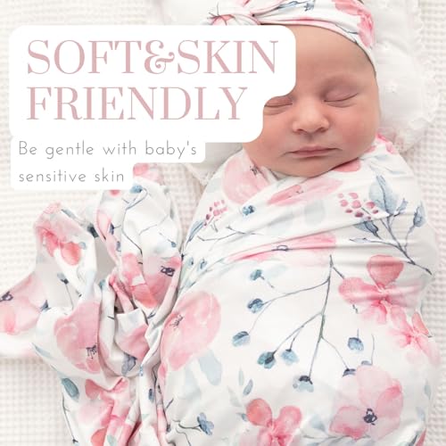 Image of Baby Girls Swaddle and Headband Beanie Set Newborn Receiving Blankets with a Name Card (Pink and Ink)