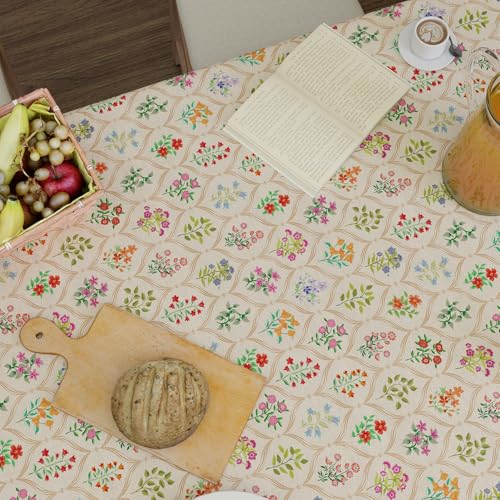 Image of Encasa XO Dining Table Cover Cloth for 6 to 8 Seater | 140x240 cm Rectangular Table Cloth | Water Repellent Polyester Tablecloth for Indoor & Outdoor Use - French Beige Digital Print