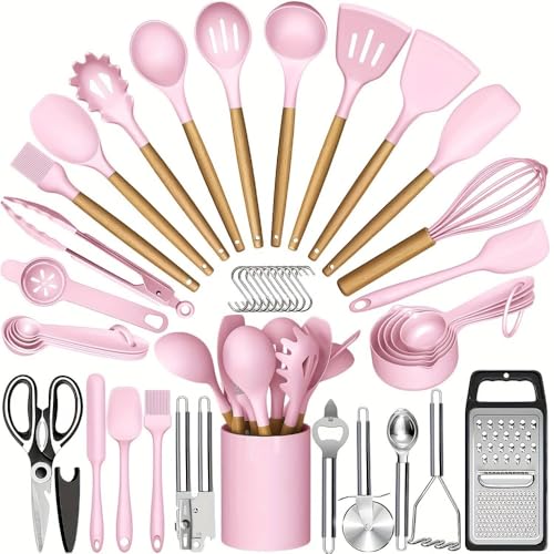 MORLU 調理器具 セットシリコン製 キッチンツールセット 一人暮らし 台所用品 新居祝い 耐熱 耐久性ハンドル 和洋中料理に適用 抗菌 傷つかない フライ返しスパチュラセット - 最高のキッチンツール、便利な鍋やフライパンアクセサリー (ピンク)