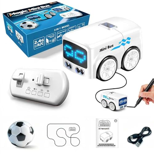 Magic mini Bus Toy, Magic Follows Line Car, Auto LED Expression Lights & 4 Play Modes, Smart Radio Control Check with Mini Cars, Gestures Follow Vehicle Toy with Follow & Escape Modes (WHITE)