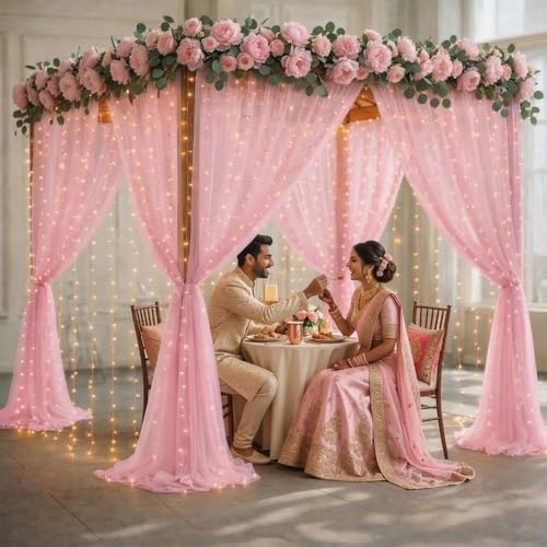 Image of Party Propz Pink Backdrop for Decoration - 4 Pcs, Backdrop Cloth for Decorations Pooja, Background Decoration Items, Pink Satin Curtain with Ribbon & Light (Satin Mix)