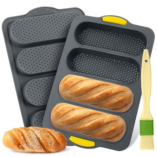 Holyenten 2 Pack Silicone French bread loaf Bread Pan - 4 Hole Non-Stick French Loaf Pan Reusable Easy Release Baking Tool for Homemade French bread loaves French Bread Rolls & Romantic Dinner