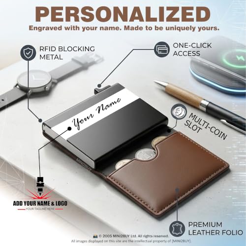 Image of Mini2buy Engraved Your Name Large Pocket Pop-Up Leather Wallet for Men & Women | RFID Blocking | Slim Magnetic Bifold Wallet with Quick Access Button - Holds 14 Cards & Cash (Brown-Wallet)