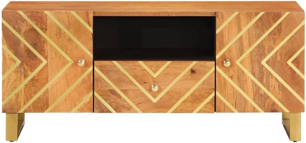 Modern 41" Brown Mango Wood TV Cabinet with Matte Black Iron Legs, Solid Entertainment Center for Living Room or Bedroom