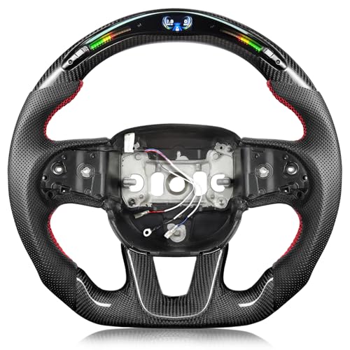 Tesfeel Carbon Fiber Steering Wheel for Dodge Challenger 2015-2024 Perforated Leather with 32 LED Shift Indicator Steering Wheel D-shaped Flat-bottom(SXT/GT/RT/SRT/For Hellcat)