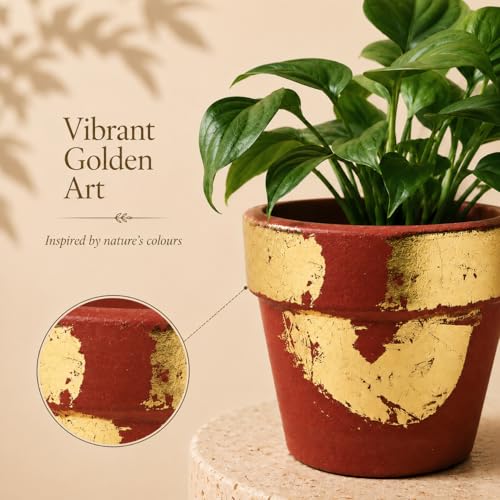 Image of Habere India-All the Cultures Fabricating India Hand Painted Terracotta Planter | Red & Golden Indoor Plant Pot | Breathable Clay Pot with Drainage Hole (Golden: L12.5 x W12.5 x H11 cm)