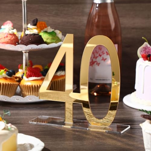 Image of Threehoney 12 Pcs Mirror Gold 40th Birthday Decorations for Men and Women Acrylic Anniversary Decorations Table Numbers Centerpieces for Birthday Party