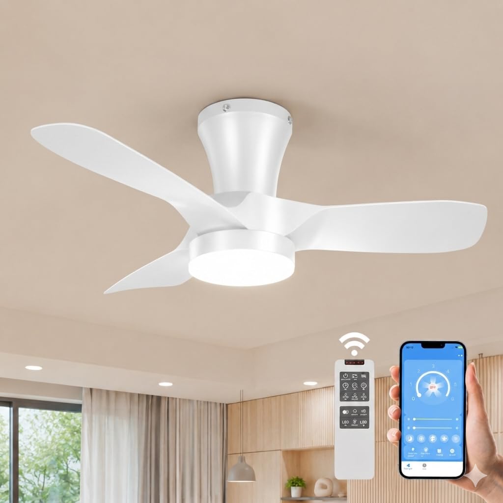 Ventilador de Techo con Luz 80cm, con Mando y App, Motor DC Silencioso, 6 Velocidades, Verano/Invierno, Memoria, Regulable 3000K-6000K, Temporizador, para Techos Bajos Dormitorio Salón Comedor Cocina