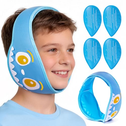 NEWGO Kids Tonsil Recovery Ice Pack Cute Wisdom Teeth Ice Pack Head Wrap with 4 Reusable Hot & Cold Gel Packs for Wisdom Teeth Kid-Friendly Gel Ice Wrap for Post-Tonsil and Dental Recovery - Blue