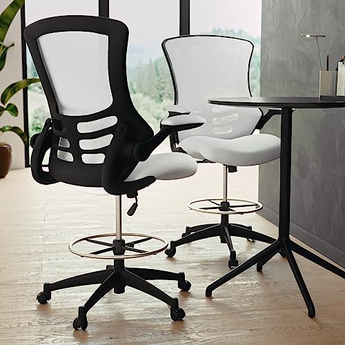 Image of Flash Furniture Kelista Mid-Back White Mesh Ergonomic Drafting Chair | Adjustable Foot Ring, Flip-Up Arms | Comfort and Productivity
