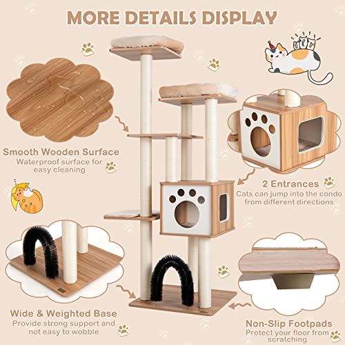 Tangkula Modern Cat Tree For Indoor Cats, 69.5 Inches Tall Cute Cat Tree With 2 Top Plush Perches, Cat Arch Self Groomer, Large Cat Condo W/Sisal Posts, Washable Mats, Wooden Cat Tower For Large Cats #TOP2