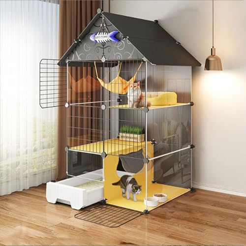 猫 ケージ 猫ケージ 屋内用 組み立てが簡単 DIY組立 ケージ 猫 大型 トイレ 大きい 猫ゲージ 通気性が良い 脱走防止 取り外し可能 おしゃれ 猫用トイレ付き、1〜3 匹の猫に最適な運動場所(73*37*141)