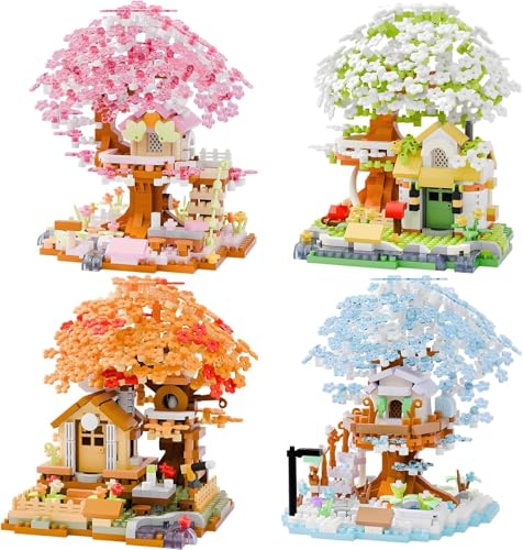 POSO ブロック さくら おもちゃ 季節の樹上小屋 立体パズル 桜 春 夏 秋 冬 四季の姿 4種 ツリーハウス ミニブロック DIY玩具 組立 女の子 子供 大人 祝い 新年 ギフト 誕生日 クリスマス プレゼント 贈り物 (4点セット)