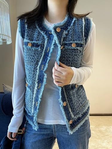 Women's Retro Hook Flower Fur Edge Tweed Denim Vest Sleeveless Tassel Single-Breasted Denim Jackets With Pockets2