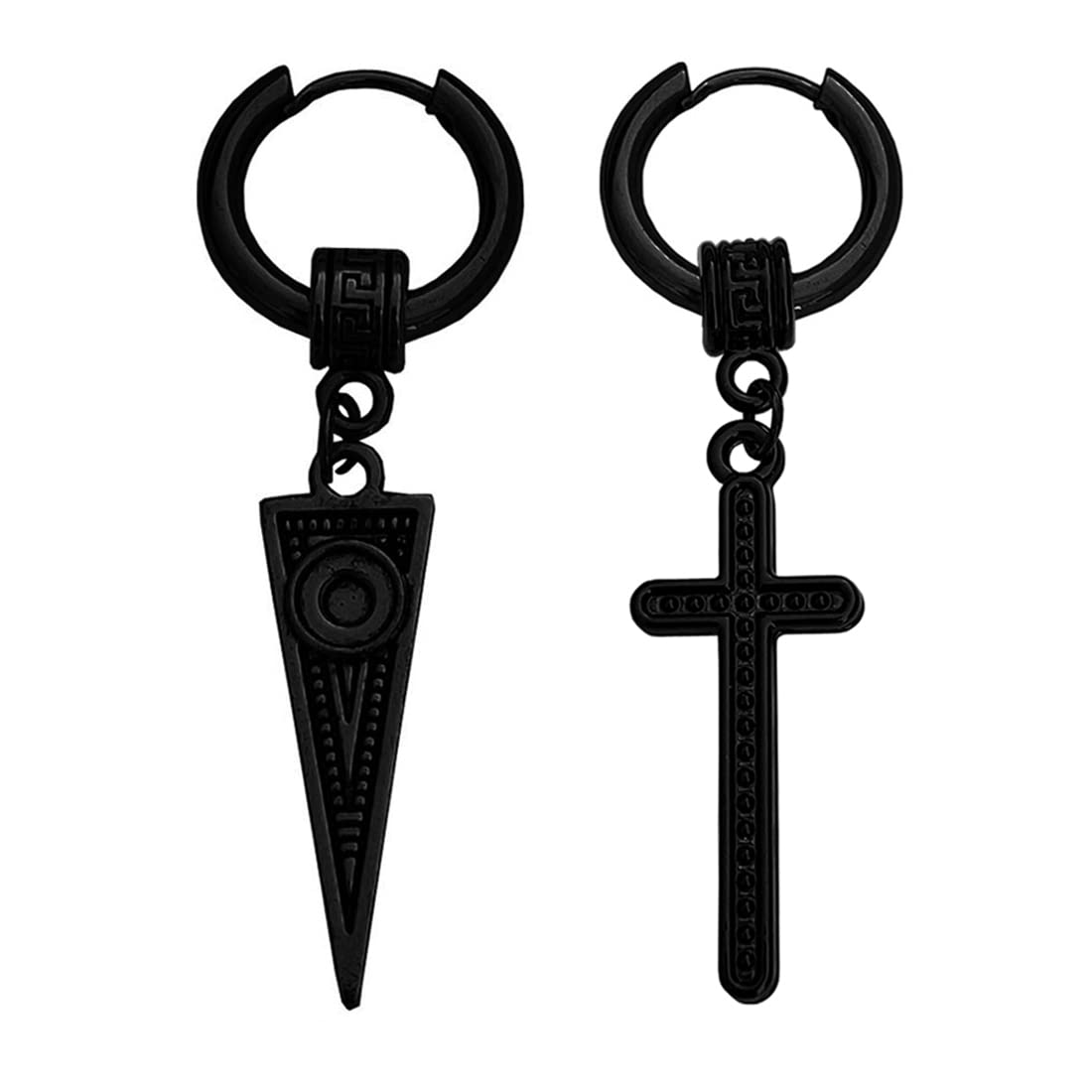 Hollow-Out Triangle With Cross Punk Titanium Steel Silver Black Stainless Hoop Earrings For-image-31