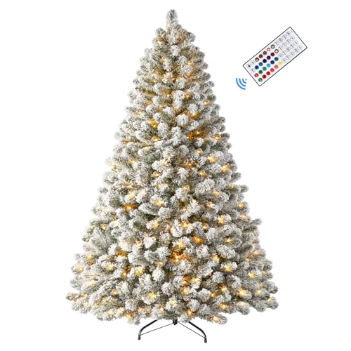 SHareconn 150 cm Arbol de Navidad Nevado Artificial con Luces Led con Control Remoto, 250 Luces Blancas Cálidas & RGB Multicolores y 106 Modos de luz, Soporte de Metal Plegable, Montaje Rápido