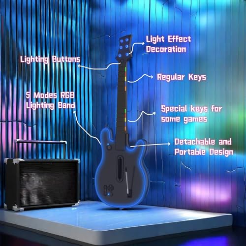 Image of Lyvix Wireless Guitar Hero Controller with RGB Lighting, Compatible with PS4 /PS3 /PC, Supports Guitar Hero 3 /4 /5, Rock Band 1 /2, Clone Hero, Fortnite Festival, Checkered Strap & Audio Jack - Black Checkered