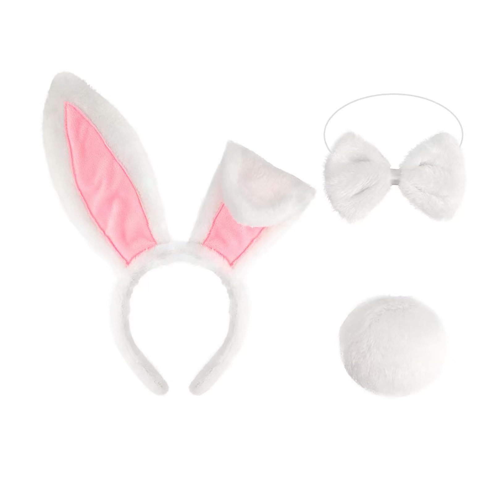 AMWYODK Bunny/Rat Costume Set, 3pcs Easter Bunny Ears,Rat Ears, Tail, Bowtie, Animal Cosplay for Halloween Accessories (White rabbit)