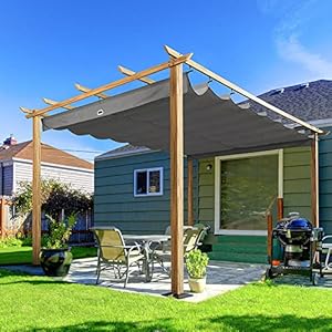 Happatio 10 x 13 wood grain aluminum pergola adjustable sun shade canopy with retractable roof for backyard deck patio by the poolgray  urban country home decor