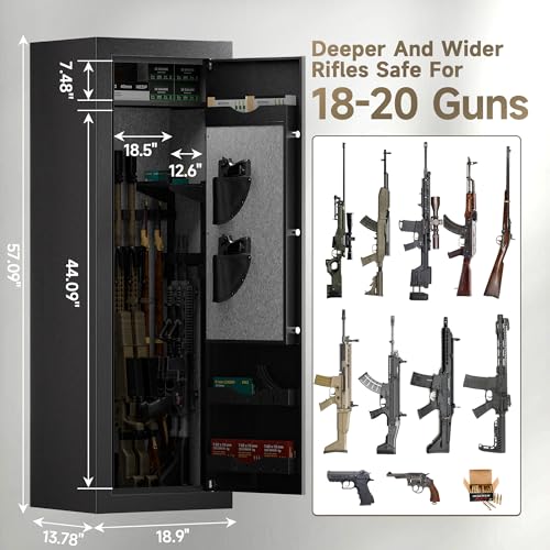 KAER 18-20 Biometric Gun Safe, Wider and Deeper Fingerprint Gun Safes for Rifle and Pistols, Large Quick Access Heavy-Duty Gun Cabinet for Firearm Ammo with Removable Shelf & Gun Rack, Assembled