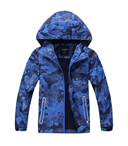 Preisvergleich Produktbild YoungSoul Jungen Gefütterte Regenjacke Gemusterte Übergangsjacke Wasserdicht Winddicht atmungsaktiv Softshelljacke mit Kapuze,Blau,122-128 (Tag L)