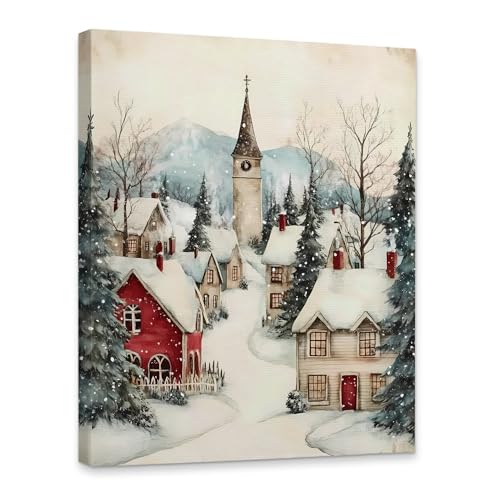 KSDUT Vintage Winter Canvas Wall Art Decor - Retro Winter Country Xmas Artwork Canvas Frame Hanging Prints, Rustic Landscape Town Christmas Wall Decor for Home Farmhouse Bedroom Decorations 11'x14'