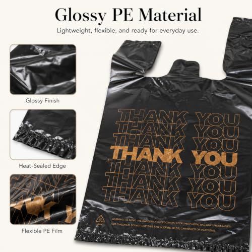 Image of YoYoRain 1000 Count Black Thank You T-Shirt Bags, 11 x 6 x 21 in