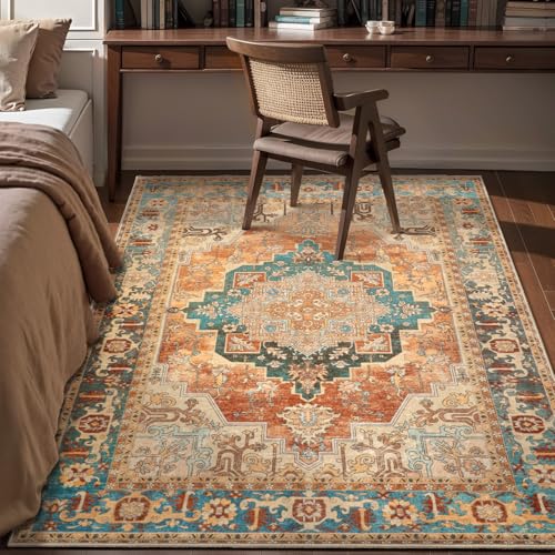 Image of Tangsoo Oriental 4x6 Washable Area Rug for Living Room, Non Slip Orange Rug