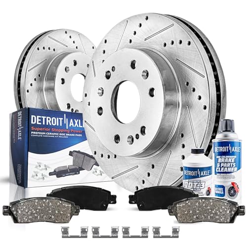Image of Detroit Axle - Front Brake Kit for Chevy GMC Silverado Suburban Express | Sierra Savana Yukon XL 1500 Cadillac Escalade ESV EXT XTS Drilled Slotted Disc Brake Rotors Ceramic Brake Pads Replacement
