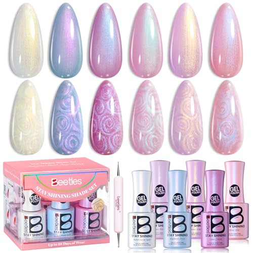 Beetles Spring Gel Polish Set - Stay Shining Pearly Swirl Shade Set, 6 Colors Mermaid Nail Swirl Shell Thread Effect Polish Soak Off Uv Gel Polish DIY Salon-Quality at Home Gift for Women