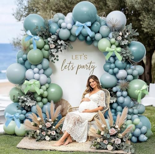 Image of Dusty Blue Sage Green Balloon Arch Kit, Double Stuffed Pastel Light Green Fog Blue White Cream Balloon Garland With Bows for Baby Shower Bridal Wedding Birthday Gender Reveal Silly Goose Party Decor