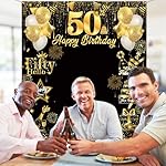 50th Birthday Banner, Large Photo Booth Backdrop - Black & Gold Fifty Birthday Decorations - Image 4