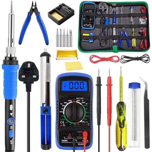 Soldering Iron Kit 80W Adjustable Temperature With Welding Tool Digital Multimeter Desoldering Pump Electric pen Soldering Iron Tips Wire Stripper Cutter Tweezers Iron Stand Electronic Wire