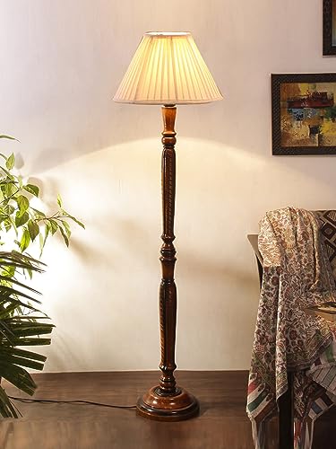 Image of Devansh Straight Pleated Off-White Cotton Wooden Floor Lamp -31