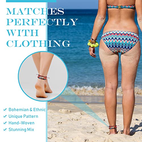 Yinkin 18 Pcs Boho Surfer Bracelet Anklet Adjustable Beaded Anklets Handmade Braided Bracelet Colorful Summer Beach String Rope Boho Jewelry for Women Men2