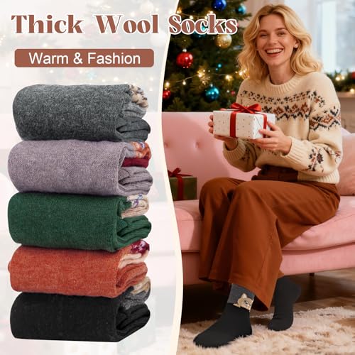 Image of 5 Pairs Wool Socks for Women, Winter Warm Cute Cat Crew Socks