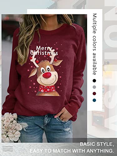 Dresswel Weihnachtspullover Damen Merry Christmas Sweatshirt Lustig Rudolph Rentier Druck Baumwolle Weihnachten Weihnachts Xmas Pullover Weihnachtspulli Teenager Mädchen