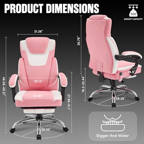 Image of Massage Office Chair with Foot Rest,6-Point Vibration & Heat Executive Office Chairs,Ergonomic Desk Chair for Heavy People,Big and Tall Fabric Office Chair 500LBS,Reclining Managerial Chair,Pinkwhite