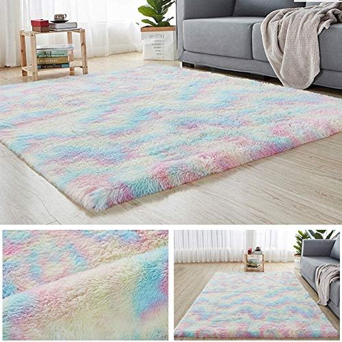 POHOVE Soft Girls Room Rugs, Luxury Velvet Rainbow Shag Area Rug Carpet for Girls Kids Baby Living Room Fluffy Colorful Cute Rugs Floor Carpets Shaggy Playing Mat Nursery Home Decor