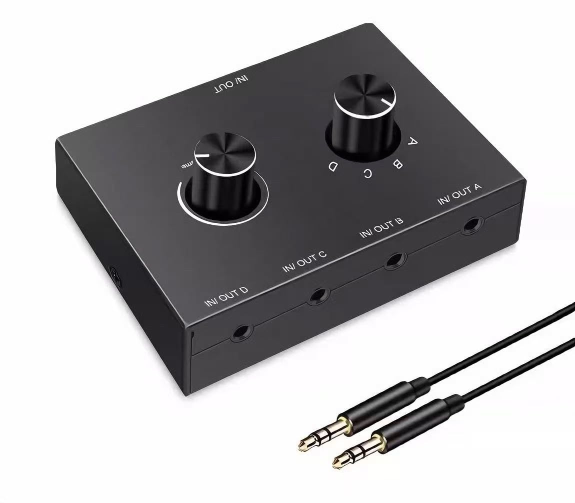 Przełącznik Audio 3,5 mm, 4-Portowy Selektor Audio Stereo AUX, 4 Wejścia 1 Wyjście / 1 Wejście 4 Wyjścia Rozdzielacz Audio, 4-Kanałowe Pokrętło, Nie Wymaga Zasilania