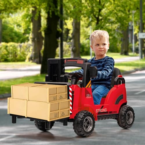 12V Kids Ride On Forklift Car, Electric Ride On Construction Car Toy for Toddles With Remote Control, Liftable Fork and Pallet, Low-Power Alarm, 2 Speeds, Music, Red