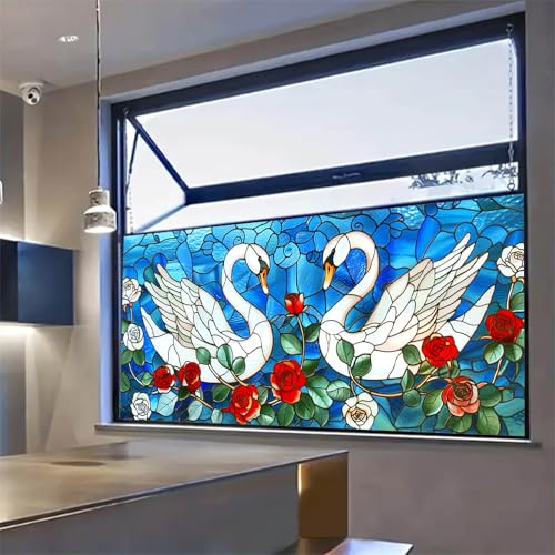 Película decorativa ventana vidriera cisne y rosa 39.3×17.7 pulg miniatura 7