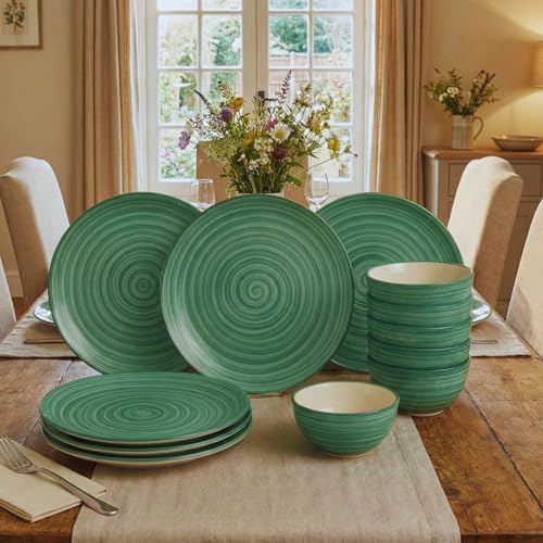 Image of Freakway Hand-Painted 'Sea Swirls' Ceramic Dinner Set of 12 Pieces | 6 Ceramic Dinner Plate and 6 Bowl /katori | Bone Ash Free | Microwave and Dishwasher Safe - Green