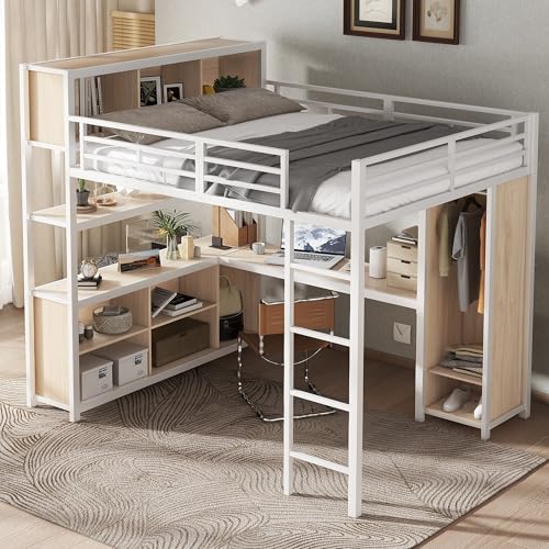 Oslghy Etagenbett Kinderbett 140x200 cm, Eisenbett Hochbett mit Stauraum Schreibtisch, Einzelbett Metallbett Bett mit Kleiderschrank, Leiter und Lattenrost aus Metallrahmen, ohne Matratze (Weiß+Natur)