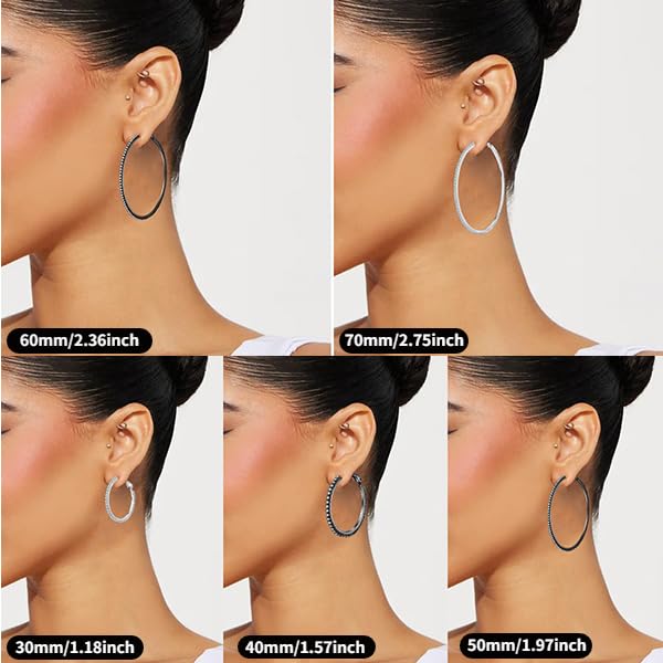 PABBEU 2mm 925 Sterling Silver Earrings Big Sterling Silver Hoop Earrings for Women Large Rhinestone Hoop Earrings Thin Hypoallergenic Cubic Zirconia Earrings for Women 30/40/50/60/70mm