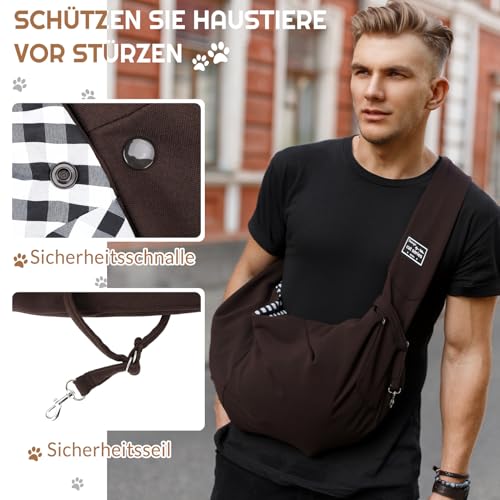 Halinuia Reversibel Kleine Hundetragetasche bis 7.5 KG Angenehm Tragetasche Hund Sicherer mit Karabiner Tragegurt Hunde Umhängetasche für Haustiere für Spaziergänge Aktivitäten im Freien, Braun