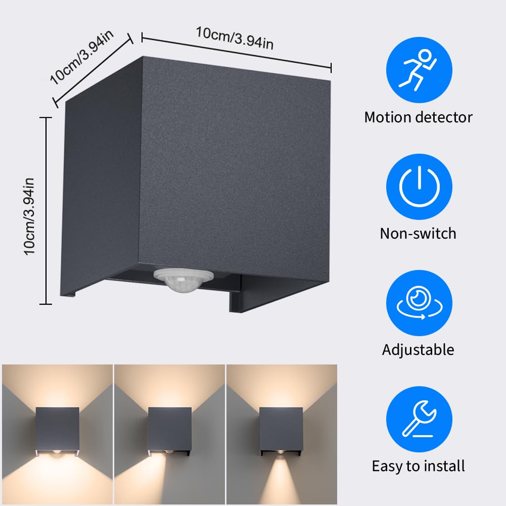 Klighten 4PCS Applique Murale Extérieur avec Détecteur de Mouvement 12W,IP65 Éclairage Mural extérieur/intérieur avec Angle de Faisceau Réglable, Applique Murale Up Down,3000K,Anthracite