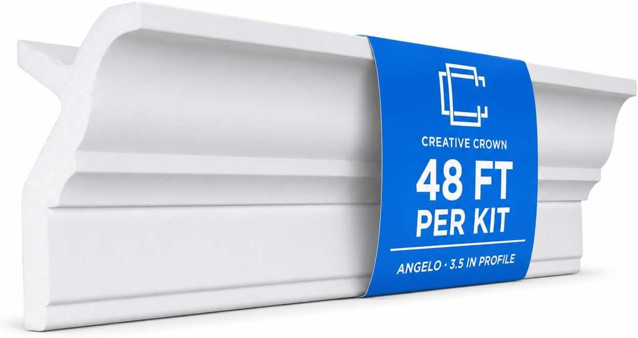 Creative Crown | 48 Ft of 3.5" Angelo Foam Crown Molding kit W/precut Corners 4 Inside & 1 Out (Made in USA - Available in 5 Other Styles and Sizes)