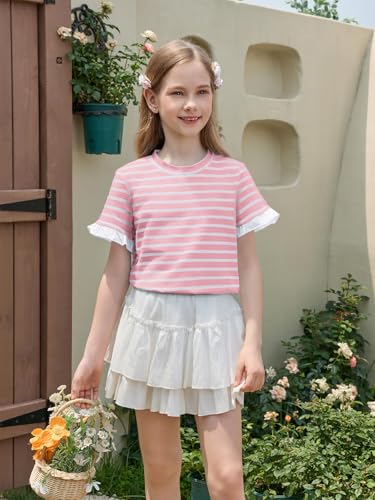 Image of Haloumoning Girls Striped Ruffle Short Sleeve T Shirts Kids Summer Crewneck Tops Casual Tees 5-14 Years