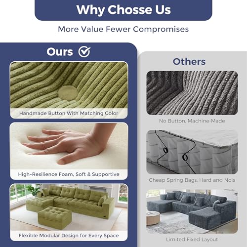 Image of MAXYOYO 132 inch U Shaped Modular Sectional Sofa with 2 Ottomans, Cloud Boneless Couch with Layered Cushion, Flexible Module Combination Sofa for Living Room, No Assembly Required, Green